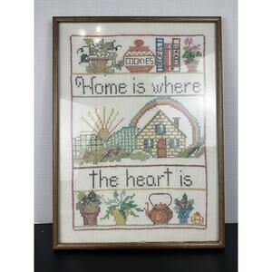 Vintage Framed Cross Stitch Embroidery Home is Where the Heart Is Retro